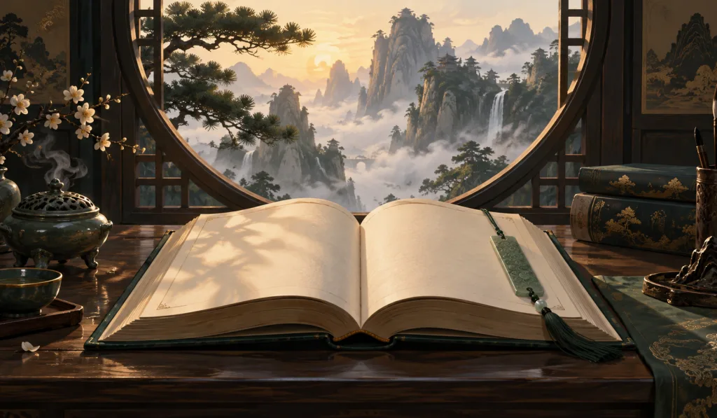 An open fantasy novel beside a jade bookmark, overlooking misty mountain peaks