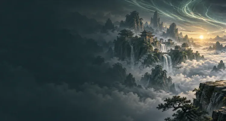A cultivator meditating above misty sect mountains beneath a distant heavenly tribulation